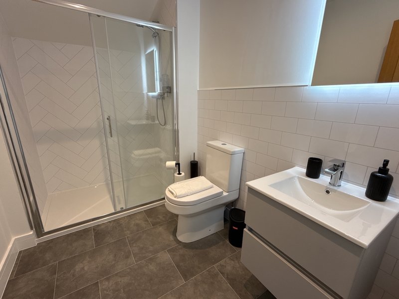 Modern bathroom with walk-in shower, toilet, sink and vanity with black accessories