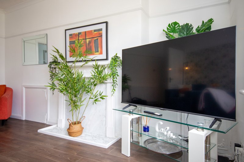 Modern living room with large wall-mounted TV, white media unit, potted plants and framed artwork