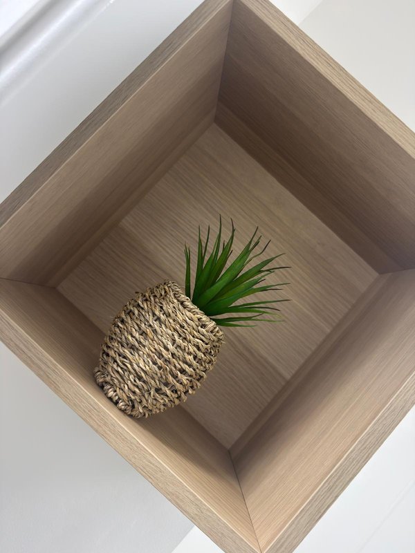 Wooden wall-mounted shelf with decorative woven plant pot and green foliage