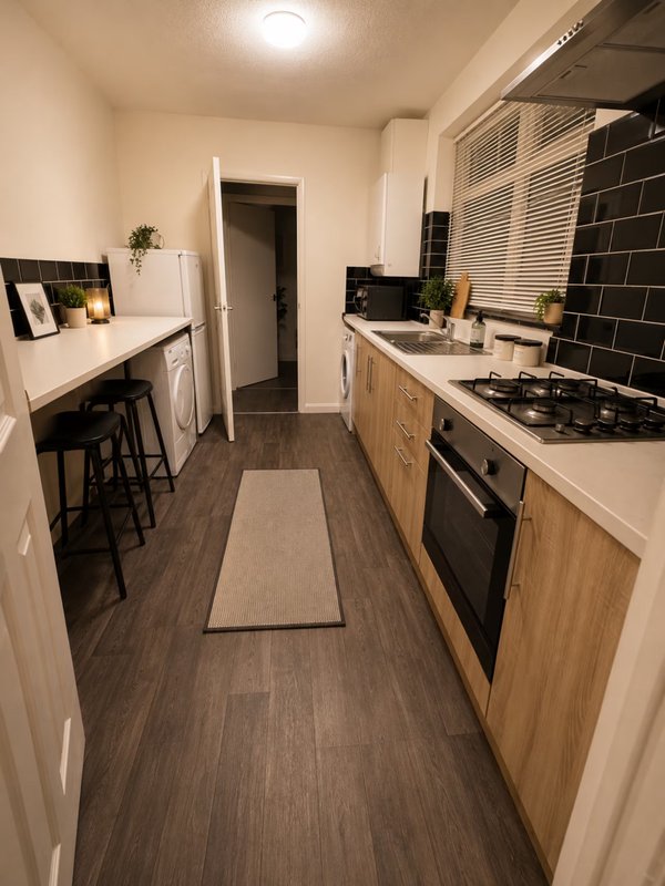 Galley kitchen with wooden cabinets, black tile backsplash, gas cooktop, and breakfast bar seating