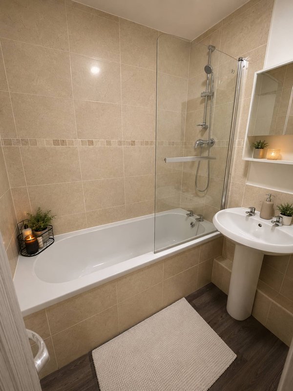 Bathroom with bathtub, glass shower screen, pedestal sink and beige tile walls