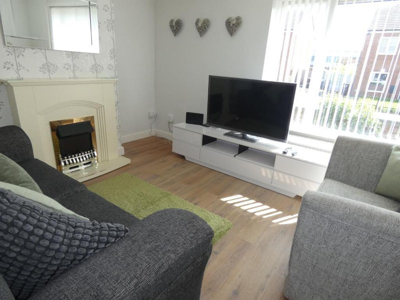 Living room with grey sofas, fireplace, TV unit, wooden flooring and windows