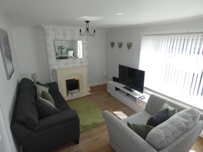 Bright living room with fireplace, two sofas, TV, wooden floor and vertical blinds
