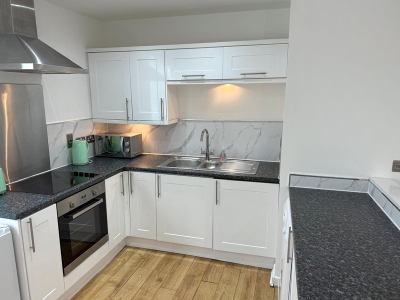 Modern kitchen with white cabinets, black countertops, stainless steel appliances and wooden flooring