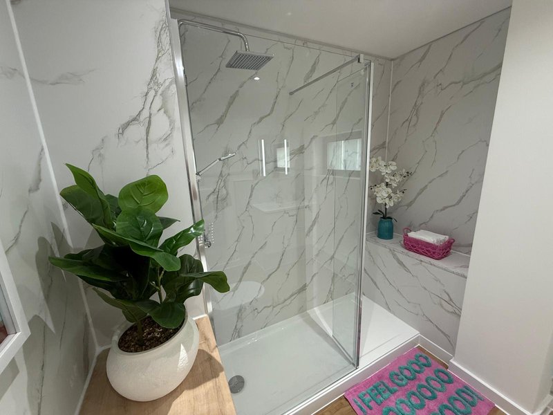 Modern bathroom with marble-effect shower enclosure, potted plant, and colorful bath mat