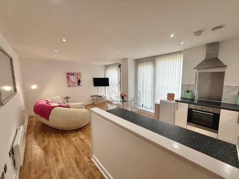 Open-plan studio with kitchen, living area, pink bean bag chair and bed visible