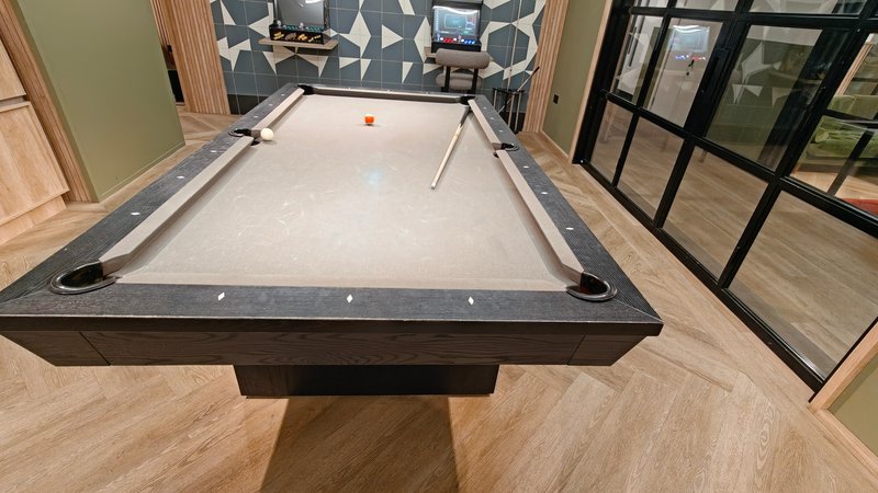 Recreation room with pool table, patterned rug, and glass doors to garden