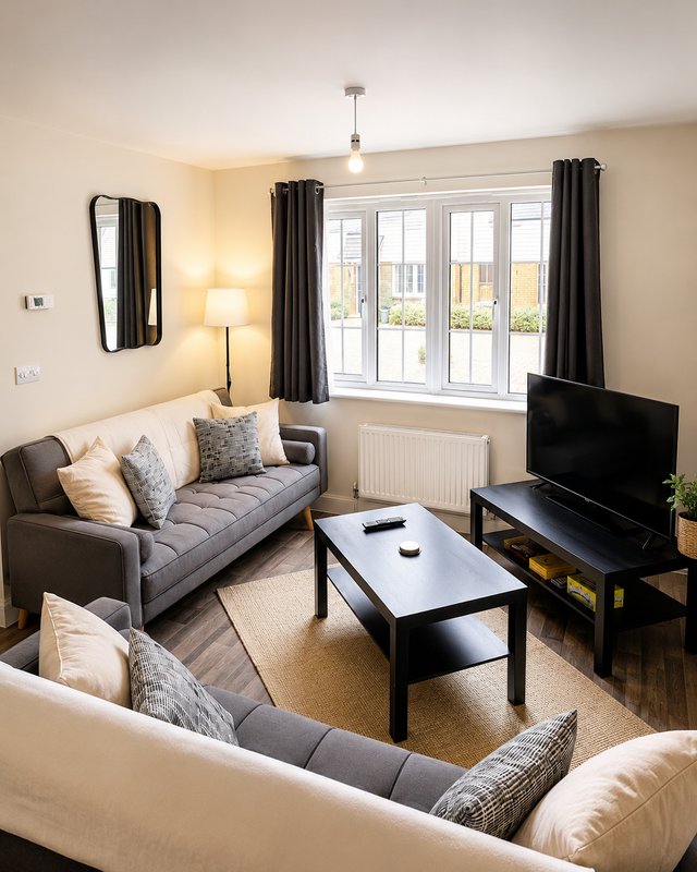 Modern living room with grey sofa, cream armchair, TV, coffee table and patio doors