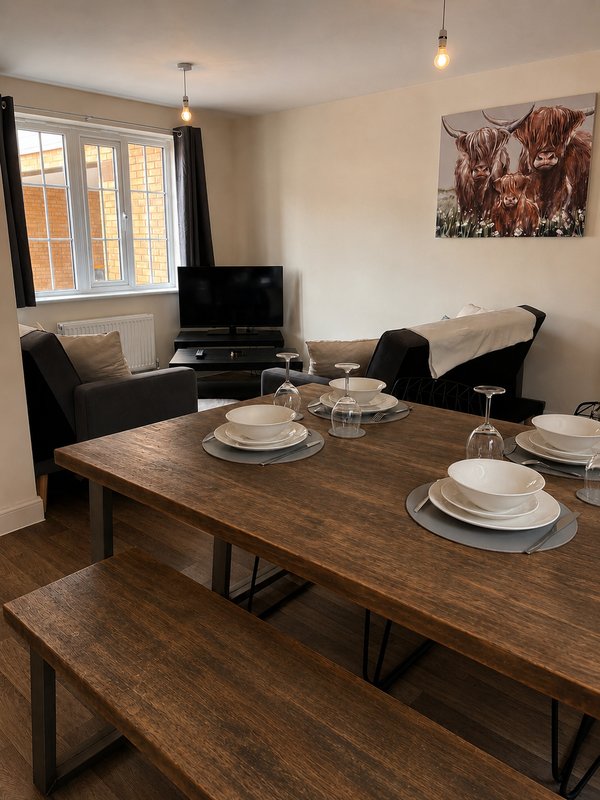 Open-plan living and dining area with wooden table, black chairs, TV, and seating area by window