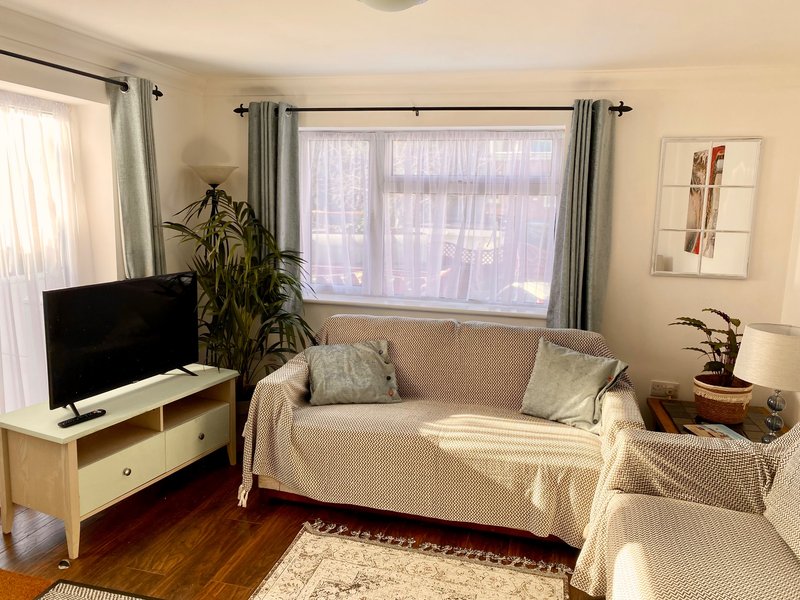 Bright living room with cream sofa, TV, large windows with curtains, potted plant and wooden flooring