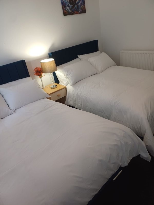 Bedroom with two single beds, white bedding, dark headboards, bedside tables and lamp