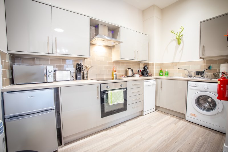 Modern kitchen with white cabinetry, stainless steel appliances, and light wood flooring