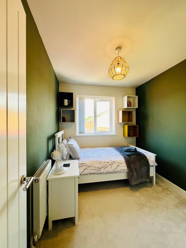Compact bedroom with single bed, green accent wall, desk, shelving and window