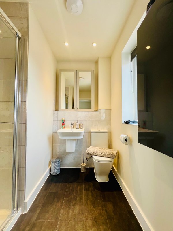 Modern bathroom with toilet, wall-mounted sink, mirror and shower enclosure