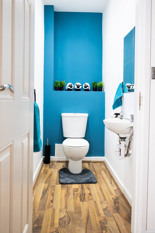 Bright bathroom with bold blue accent wall, white toilet, sink, wooden floor and small plants