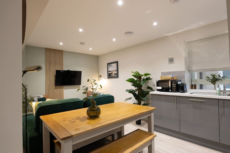 Modern open-plan kitchen and living area with wooden dining table, green sofa, and wall-mounted TV