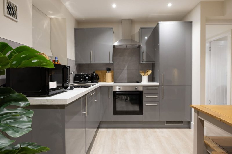 Modern kitchen with gray cabinetry, built-in oven, gas hob, and green plant on counter
