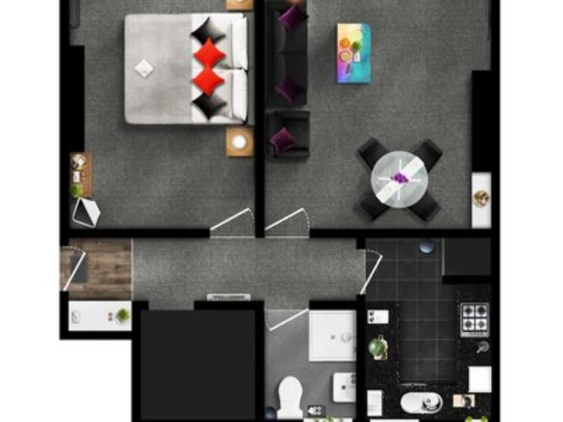 Overhead floor plan view of a studio apartment with bedroom, bathroom, and kitchen areas