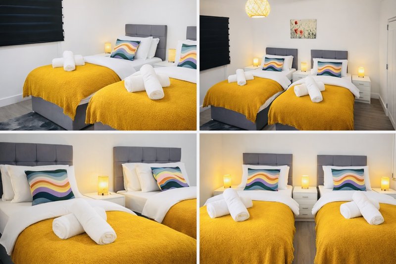Four-panel collage of bedroom interiors with yellow bedding, gray headboards, and bedside lamps