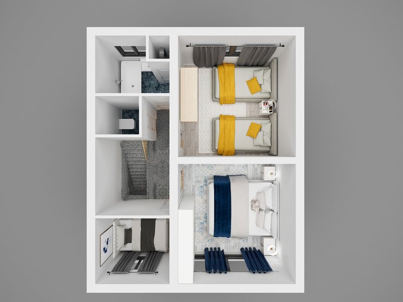 Floor plan layout showing multiple bedrooms with beds, storage areas, and bathroom facilities