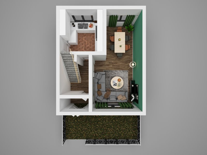Overhead floor plan layout of one-bedroom apartment with living area, kitchen, bedroom and entrance