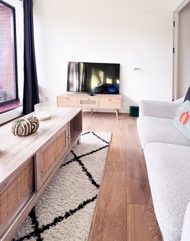 Modern living room with TV, wooden furniture, sofa, geometric rug and natural light