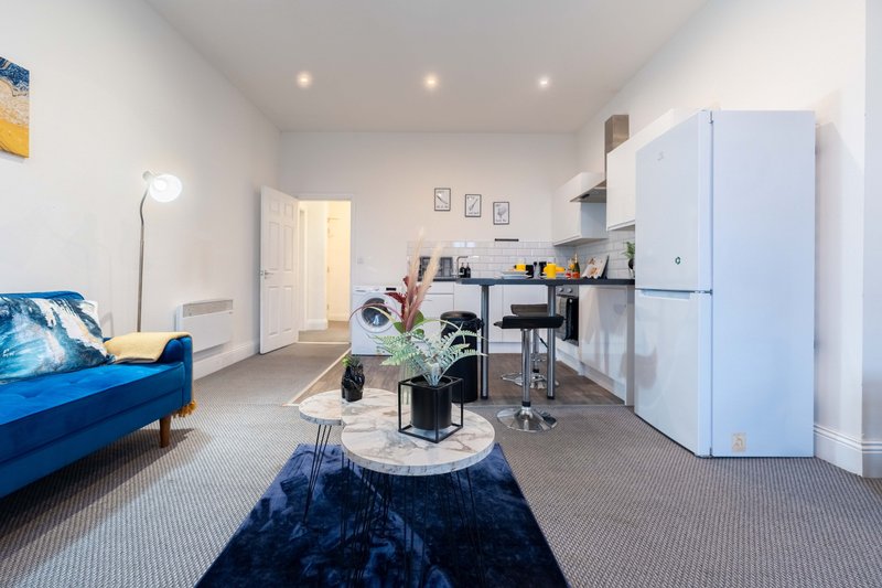 Studio apartment with blue sofa, kitchenette, white fridge, and living area with plants