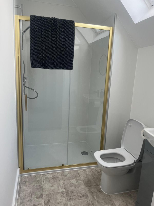 Modern bathroom with walk-in shower, toilet, and black towel rail