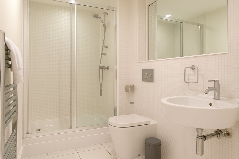 Modern bathroom with walk-in shower, toilet, circular sink and heated towel rail