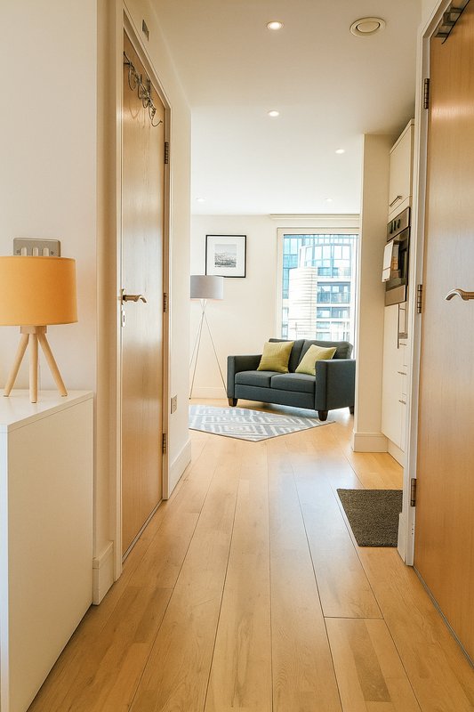 Modern hallway with wooden floors, cream walls, and view into living room with sofa