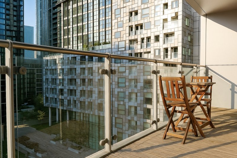 Balcony with wooden director's chairs, glass railing, and urban cityscape view
