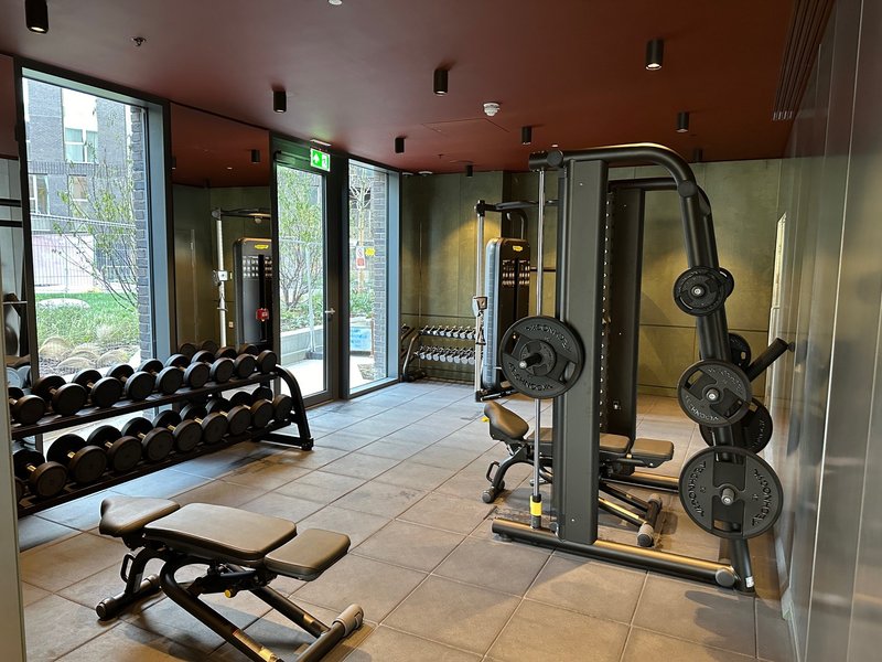 Modern gym interior with weight racks, dumbbells, exercise bench and large windows