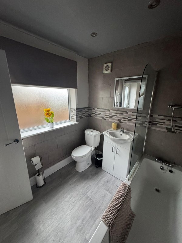 Modern bathroom with toilet, sink vanity, shower enclosure and window