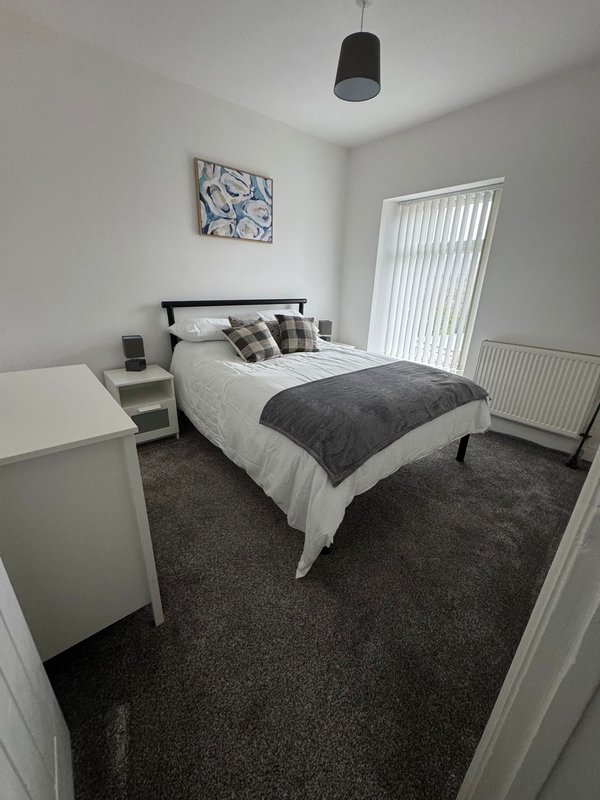 Modern bedroom with double bed, dark carpet, pendant light, and vertical blinds