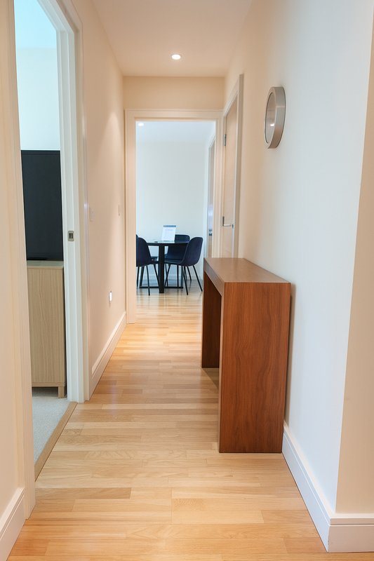 Hallway with wooden flooring, white walls, round wall clock, and wooden console table