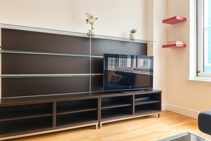 Modern living room with black wall-mounted shelving, TV stand, potted plants and red floating shelves