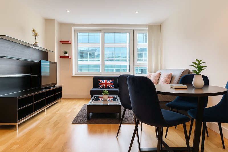 Modern living room with dining area, black furniture, wooden flooring and large windows