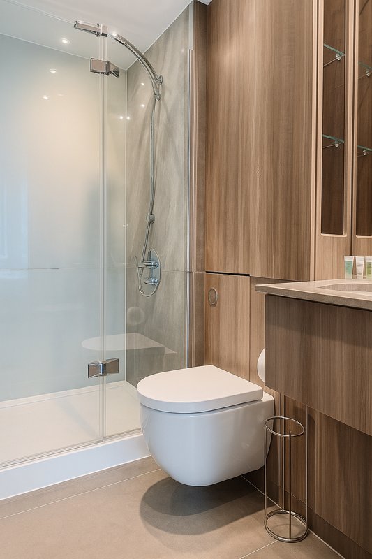 Modern bathroom with walk-in shower, wall-mounted toilet, wooden vanity and recessed lighting