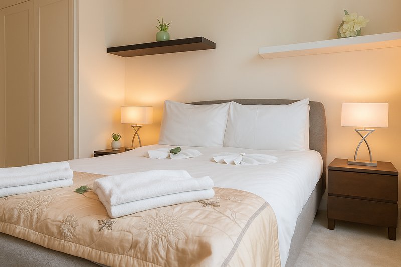Bright modern bedroom with double bed, white pillows, beige bedding, two nightstands with lamps