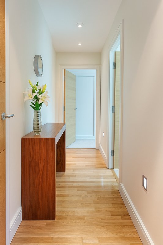 Bright hallway with wooden console table, white flowers, recessed lighting, and light wood flooring