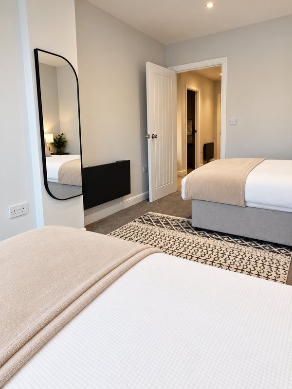 Modern bedroom with two beds, arched mirror, doorway to en-suite, and neutral décor
