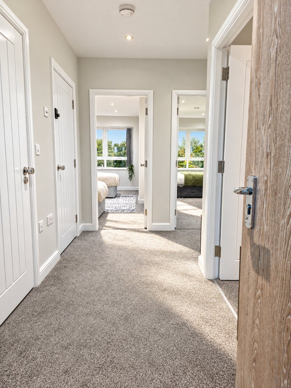 Bright hallway with gray carpet, white doors, and views through to living spaces and outdoors