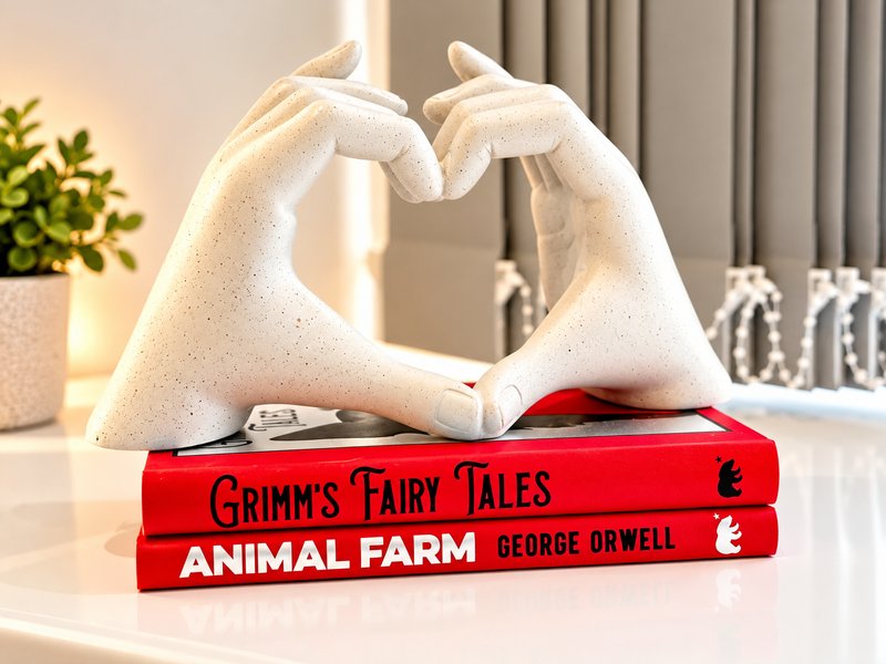 Decorative white hands forming heart shape on stacked red books with plant and curtains