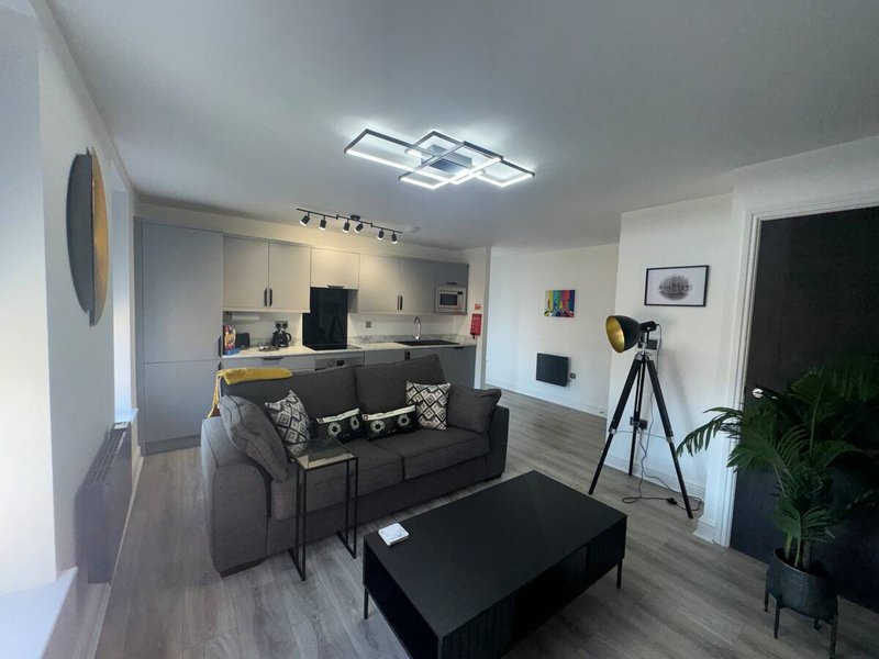 Open-plan living room with grey sofa, black coffee table, kitchen area, and tripod floor lamp
