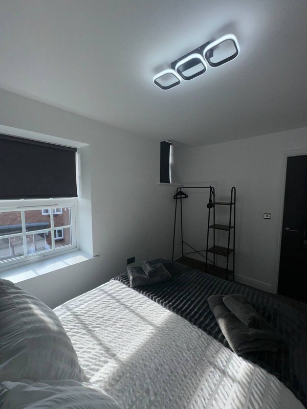 Bright bedroom with double bed, window, modern ceiling lights, and exercise ladder