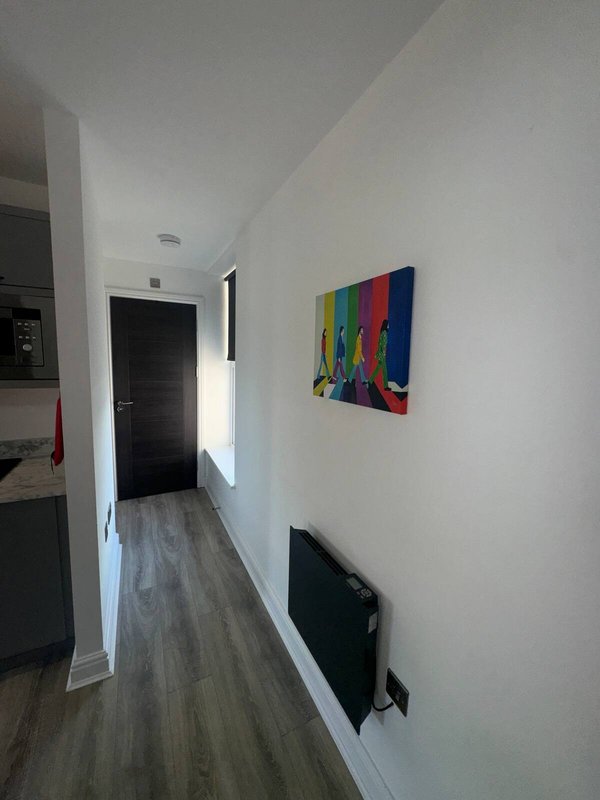 Narrow hallway with grey vinyl flooring, white walls, and colorful pop art canvas