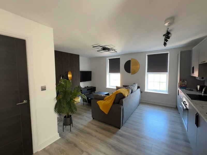 Open-plan living room with blue sofa, yellow throw, kitchenette, and modern furnishings