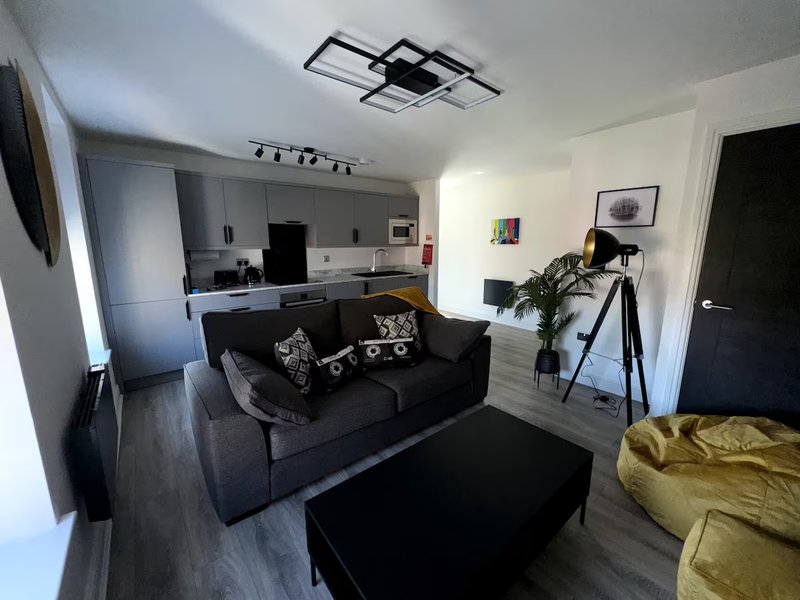Open-plan living room with black sofa, kitchen area, and modern furnishings