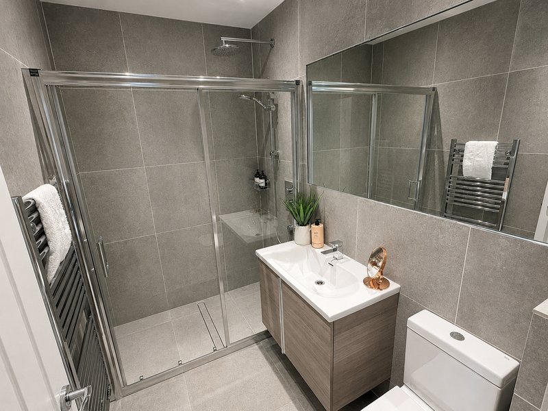 Modern bathroom with walk-in shower, vanity sink, toilet, and heated towel rail