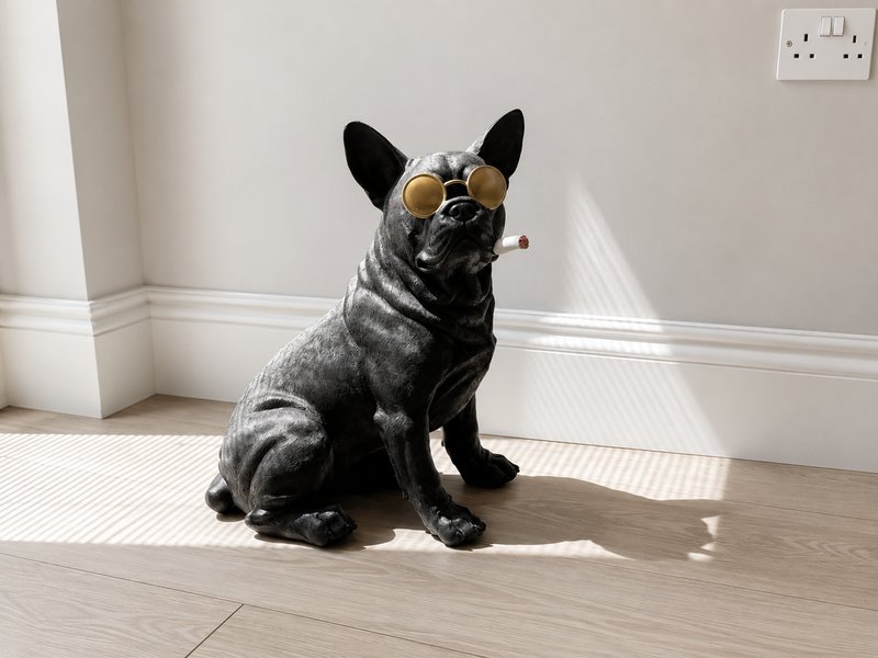 Modern hallway with white skirting board, wooden flooring and decorative black dog statue